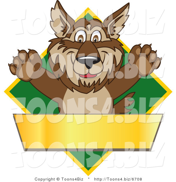 Vector Illustration of a Cartoon Wolf Mascot over a Green Diamond and Blank Gold Banner