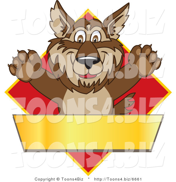 Vector Illustration of a Cartoon Wolf Mascot over a Red Diamond and Blank Gold Banner