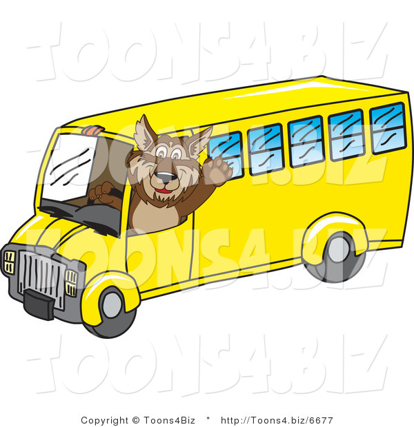 Vector Illustration of a Cartoon Wolf Mascot Waving and Driving a School Bus