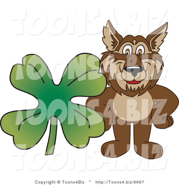 Vector Illustration of a Cartoon Wolf Mascot with a Four Leaf Clover