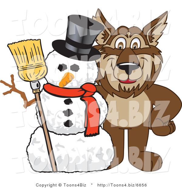 Vector Illustration of a Cartoon Wolf Mascot with a Snowman