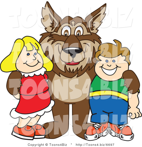 Vector Illustration of a Cartoon Wolf Mascot with Students