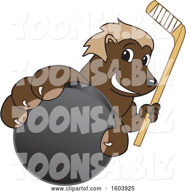 Vector Illustration of a Cartoon Wolverine Mascot Holding a Hockey Puck and Stick