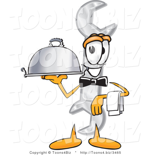 Vector Illustration of a Cartoon Wrench Mascot Dressed As a Waiter and Holding a Serving Platter