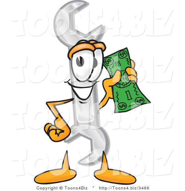 Vector Illustration of a Cartoon Wrench Mascot Holding a Dollar Bill