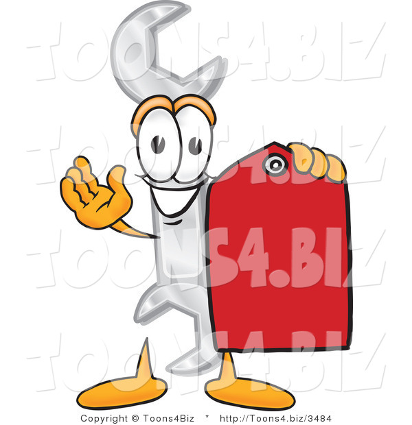 Vector Illustration of a Cartoon Wrench Mascot Holding a Red Sales Price Tag