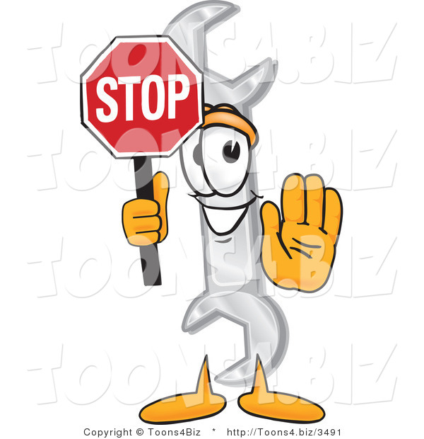 Vector Illustration of a Cartoon Wrench Mascot Holding a Stop Sign