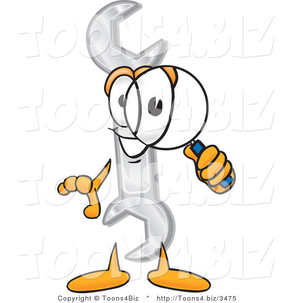 Vector Illustration of a Cartoon Wrench Mascot Looking Through a Magnifying Glass