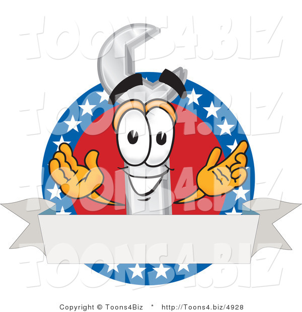 Vector Illustration of a Cartoon Wrench Mascot over a Blank White Banner on an American Themed Business Logo