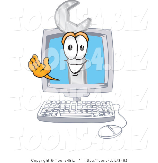 Vector Illustration of a Cartoon Wrench Mascot Waving from Inside a Computer Screen