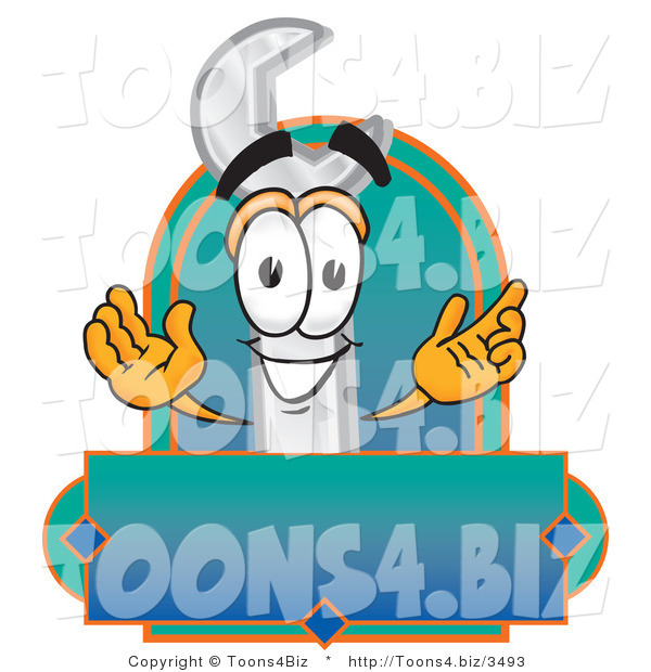 Vector Illustration of a Cartoon Wrench Mascot with a Blank Label