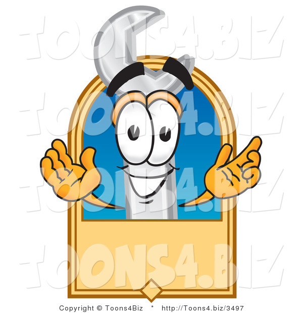 Vector Illustration of a Cartoon Wrench Mascot with a Blank Tan Label