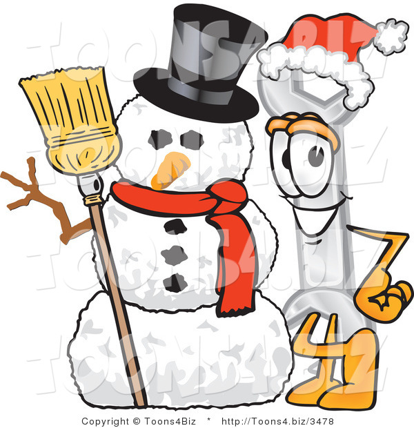 Vector Illustration of a Cartoon Wrench Mascot with a Snowman on Christmas