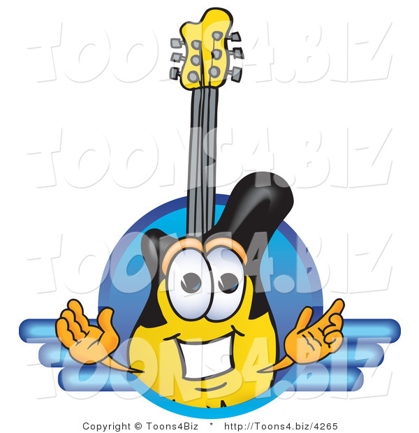 Vector Illustration of a Clipart Picture of a Guitar Mascot Logo with a Circle and Lines