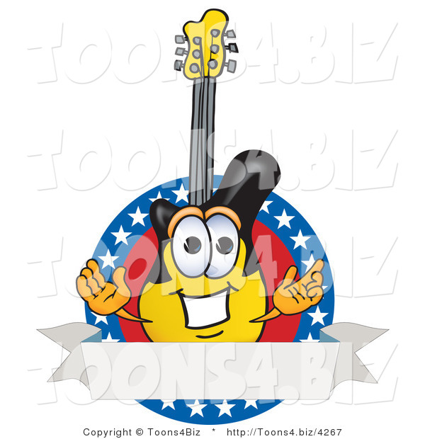 Vector Illustration of a Clipart Picture of a Guitar Mascot Logo with Stars and a Blank Label