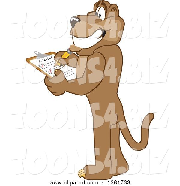 Vector Illustration of a Cougar School Mascot Completing a to Do List, Symbolizing Being Dependable