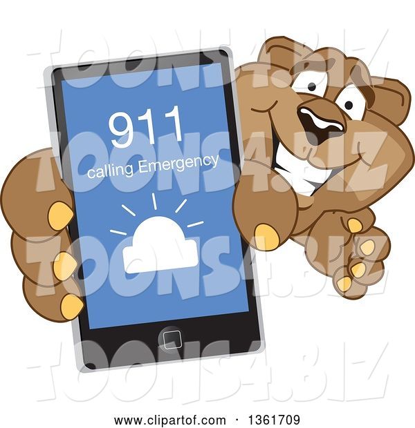 Vector Illustration of a Cougar School Mascot Holding up a Smart Phone and Calling an Emergency Number, Symbolizing Safety