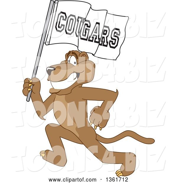 Vector Illustration of a Cougar School Mascot Running with a Team Flag, Symbolizing Pride