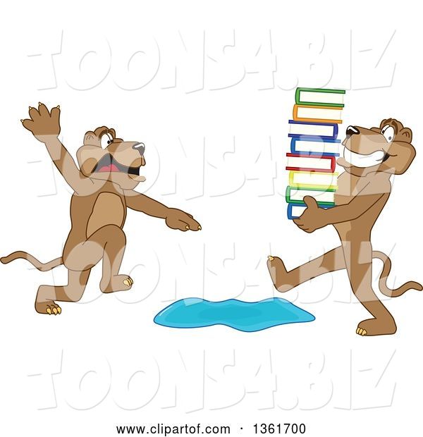 Vector Illustration of a Cougar School Mascot Warning Another That Is Carrying Books About a Puddle, Symbolizing Being Proactive