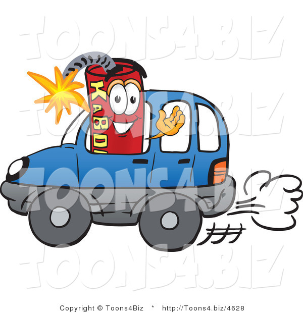 Vector Illustration of a Dynamite Stick Mascot Driving a Blue Car