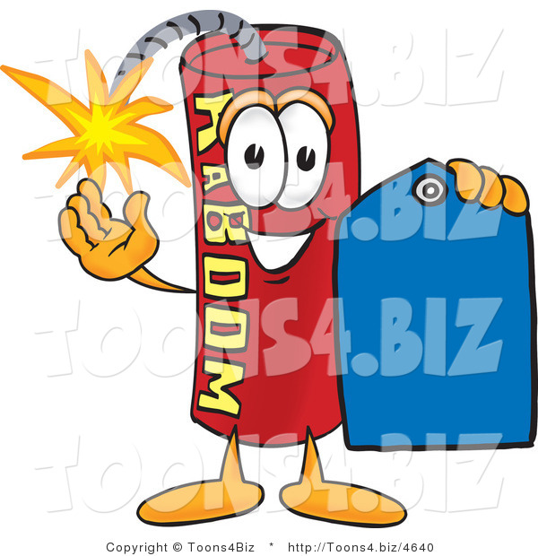 Vector Illustration of a Dynamite Stick Mascot Holding a Blue Sales Price Tag