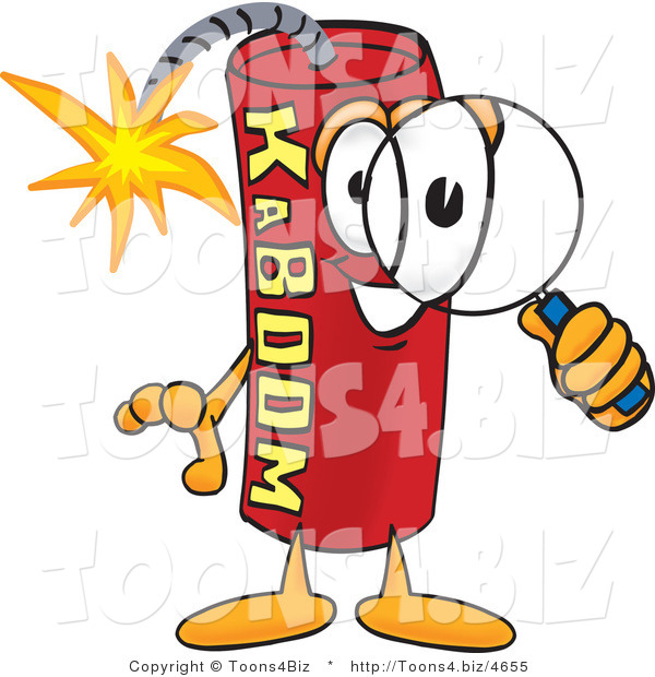 Vector Illustration of a Dynamite Stick Mascot Looking Through a Magnifying Glass