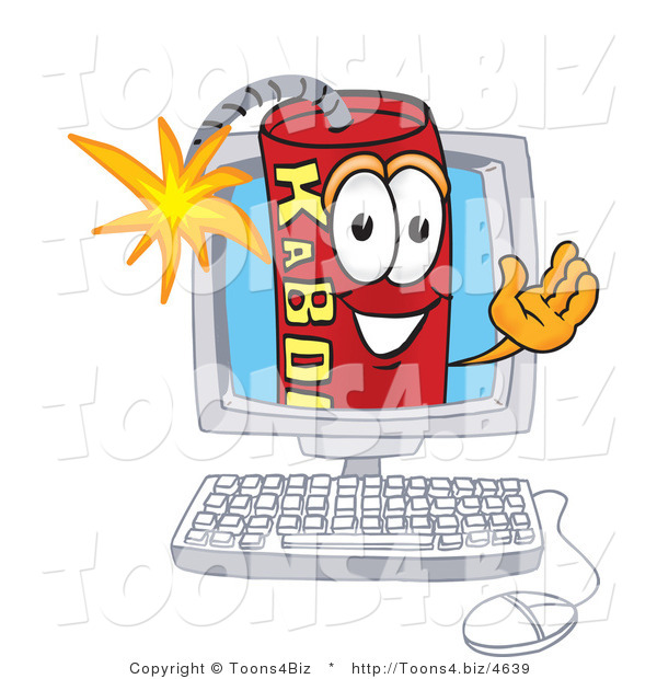Vector Illustration of a Dynamite Stick Mascot on a Computer Screen