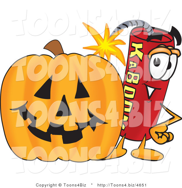 Vector Illustration of a Dynamite Stick Mascot with a Halloween Pumpkin