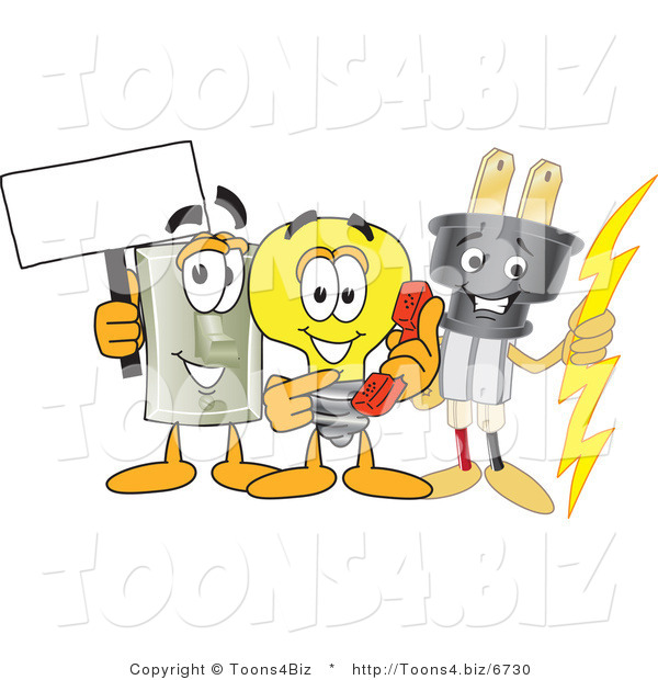 Vector Illustration of a Electric Plug Mascot with a Light Bulb and Electrical Switch