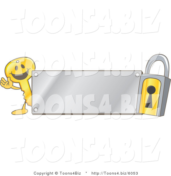 Vector Illustration of a Gold Cartoon Key Mascot and Padlock with a Silver Plate