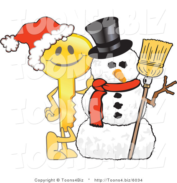 Vector Illustration of a Gold Cartoon Key Mascot by a Snowman