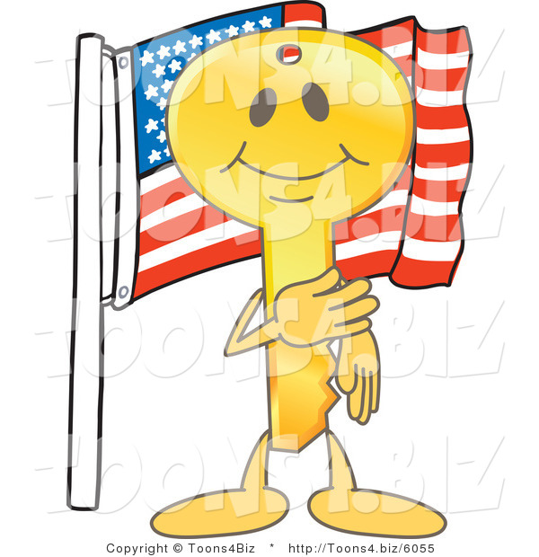 Vector Illustration of a Gold Cartoon Key Mascot by an American Flag