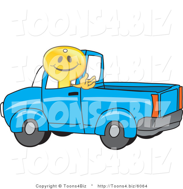 Vector Illustration of a Gold Cartoon Key Mascot Driving a Truck