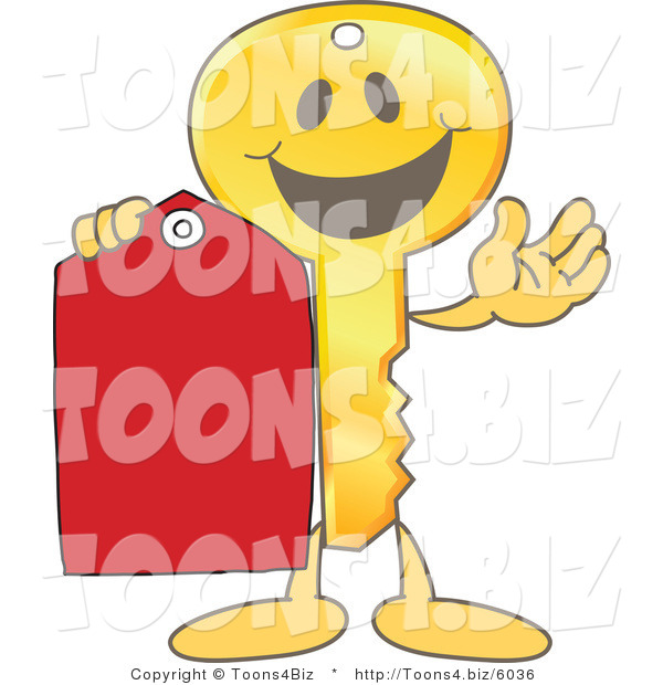 Vector Illustration of a Gold Cartoon Key Mascot Holding a Blank Red Tag