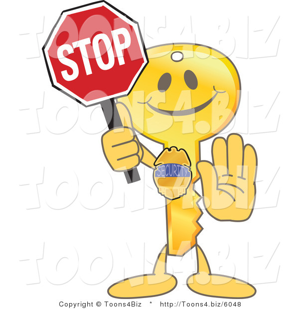 Vector Illustration of a Gold Cartoon Key Mascot Holding a Stop Sign