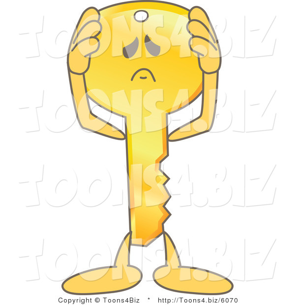Vector Illustration of a Gold Cartoon Key Mascot Holding His Head