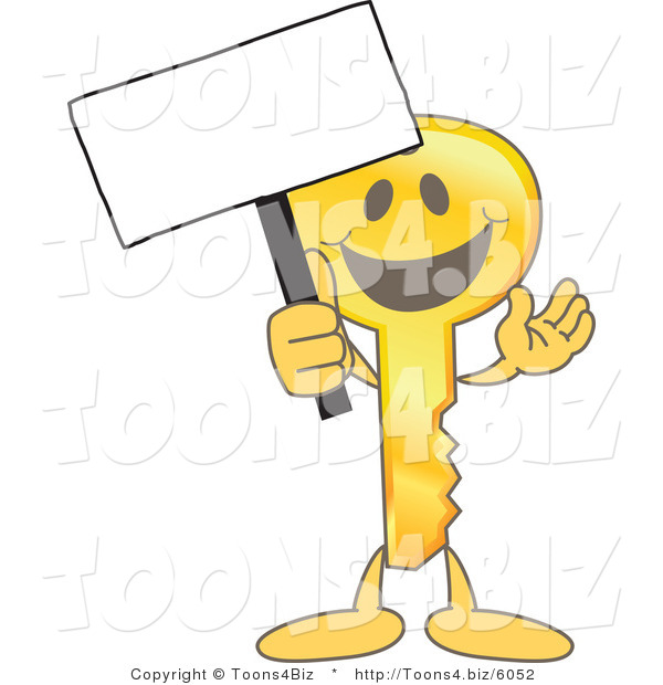 Vector Illustration of a Gold Cartoon Key Mascot Holding up a Blank Sign