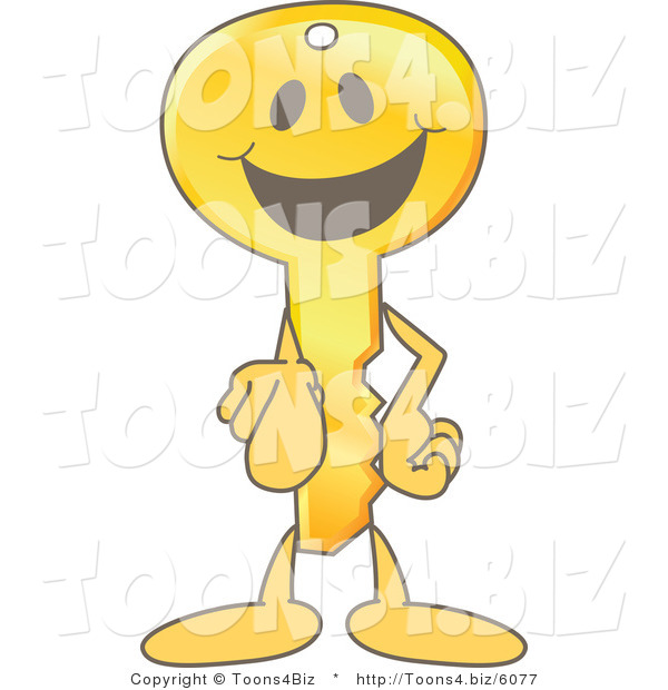 Vector Illustration of a Gold Cartoon Key Mascot Pointing Outwards