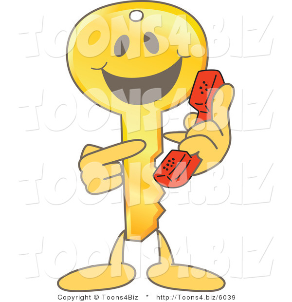 Vector Illustration of a Gold Cartoon Key Mascot Pointing to a Phone