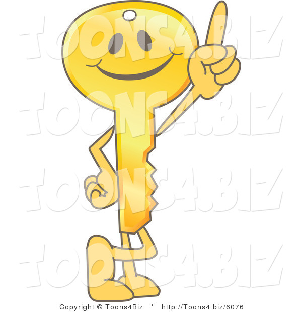 Vector Illustration of a Gold Cartoon Key Mascot Pointing Upwards