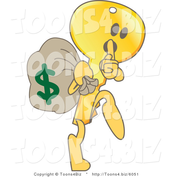 Vector Illustration of a Gold Cartoon Key Mascot Robbing a Bank
