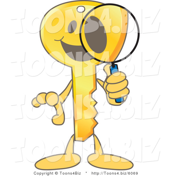 Vector Illustration of a Gold Cartoon Key Mascot Searching