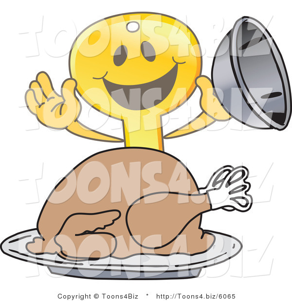 Vector Illustration of a Gold Cartoon Key Mascot Serving a Thanksgiving Turkey