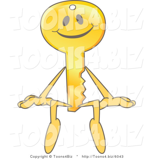 Vector Illustration of a Gold Cartoon Key Mascot Sitting on a Ledge