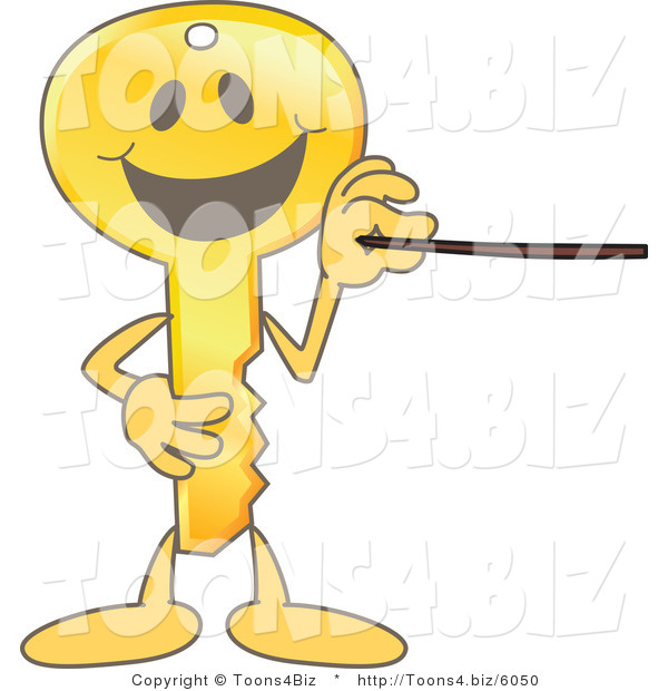 Vector Illustration of a Gold Cartoon Key Mascot Using a Pointer Stick