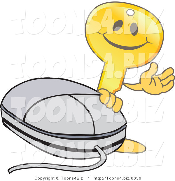 Vector Illustration of a Gold Cartoon Key Mascot Waving by a Computer Mouse