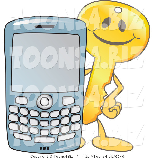 Vector Illustration of a Gold Cartoon Key Mascot with a Cell Phone
