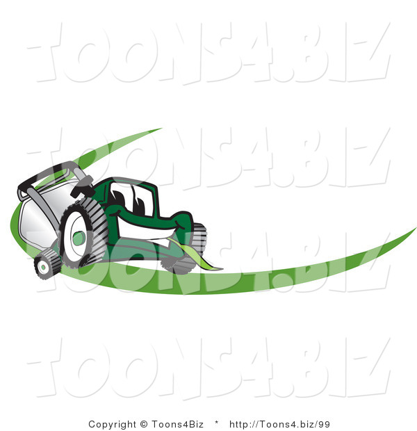 Vector Illustration of a Green Cartoon Lawn Mower Mascot Facing Front on a Logo or Nametag with a Green Dash