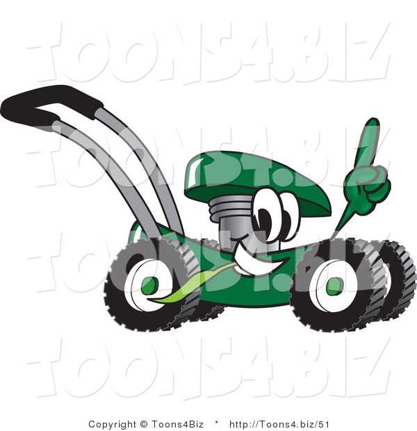 Vector Illustration of a Green Cartoon Lawn Mower Mascot Passing by and Pointing Upwards