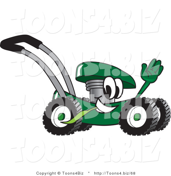 Vector Illustration of a Green Cartoon Lawn Mower Mascot Passing by and Waving